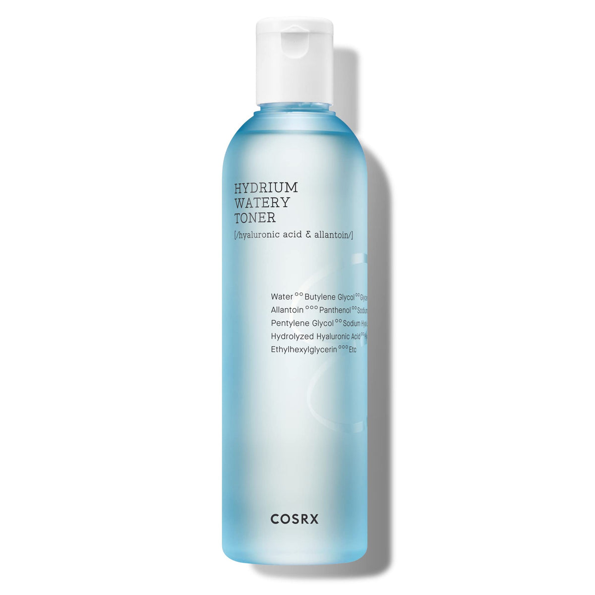 COSRX Hydrium Watery Toner bottle close-up highlights hydration benefits.