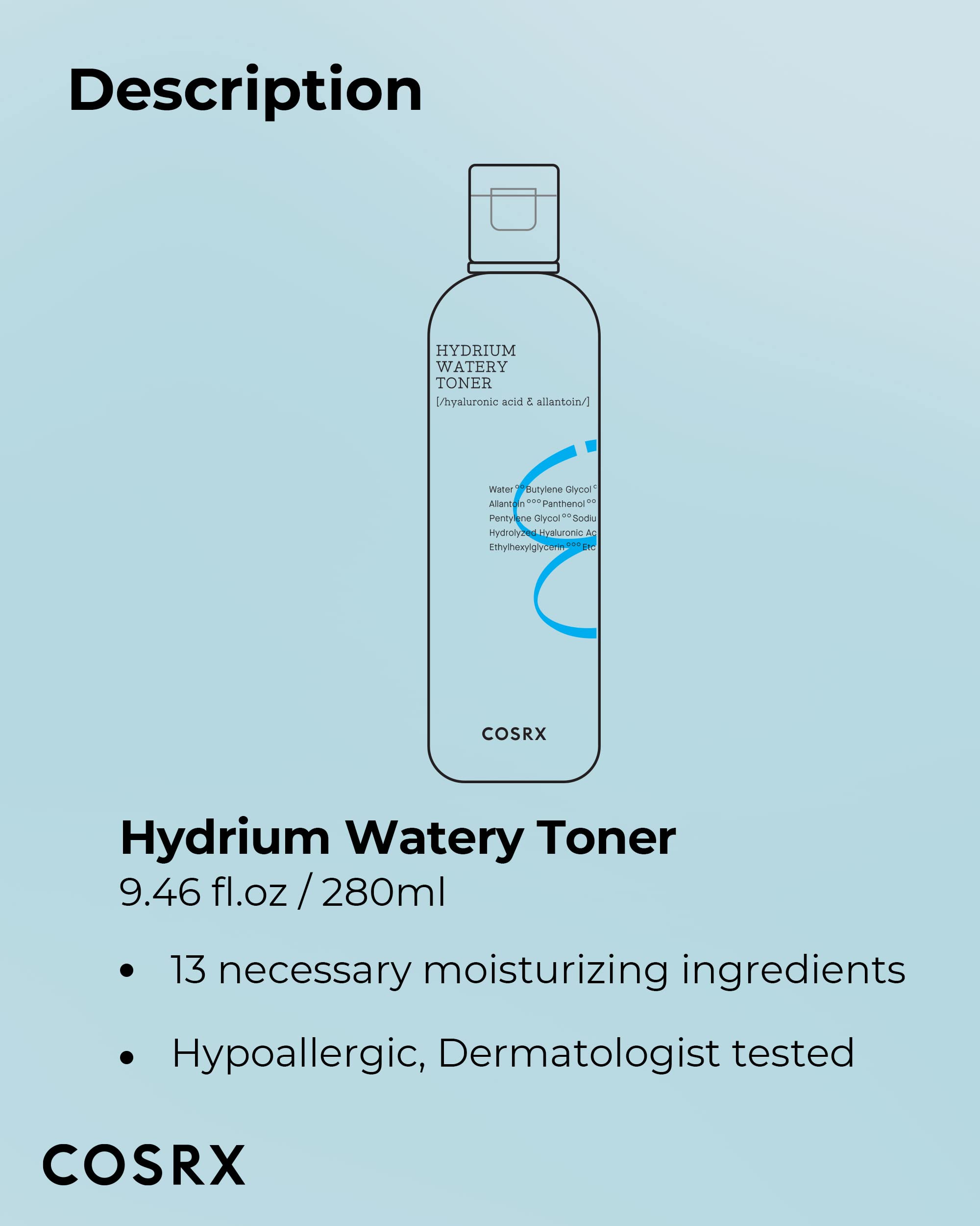 COSRX Hydrium Watery Toner product shot for balanced, hydrated skin on all skin types.