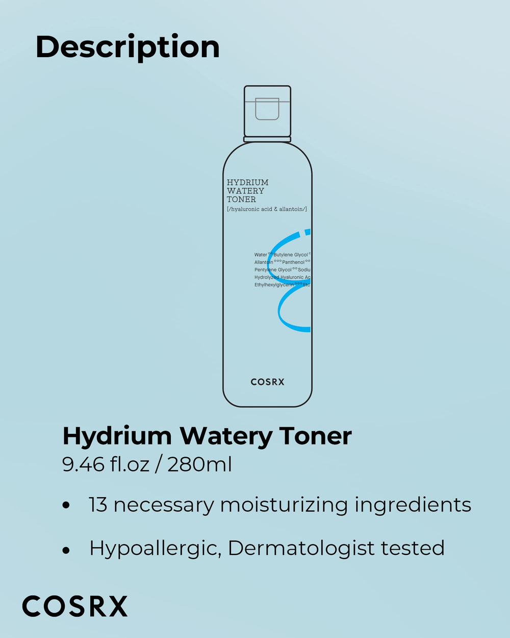COSRX Hydrium Watery Toner product shot for balanced, hydrated skin on all skin types.