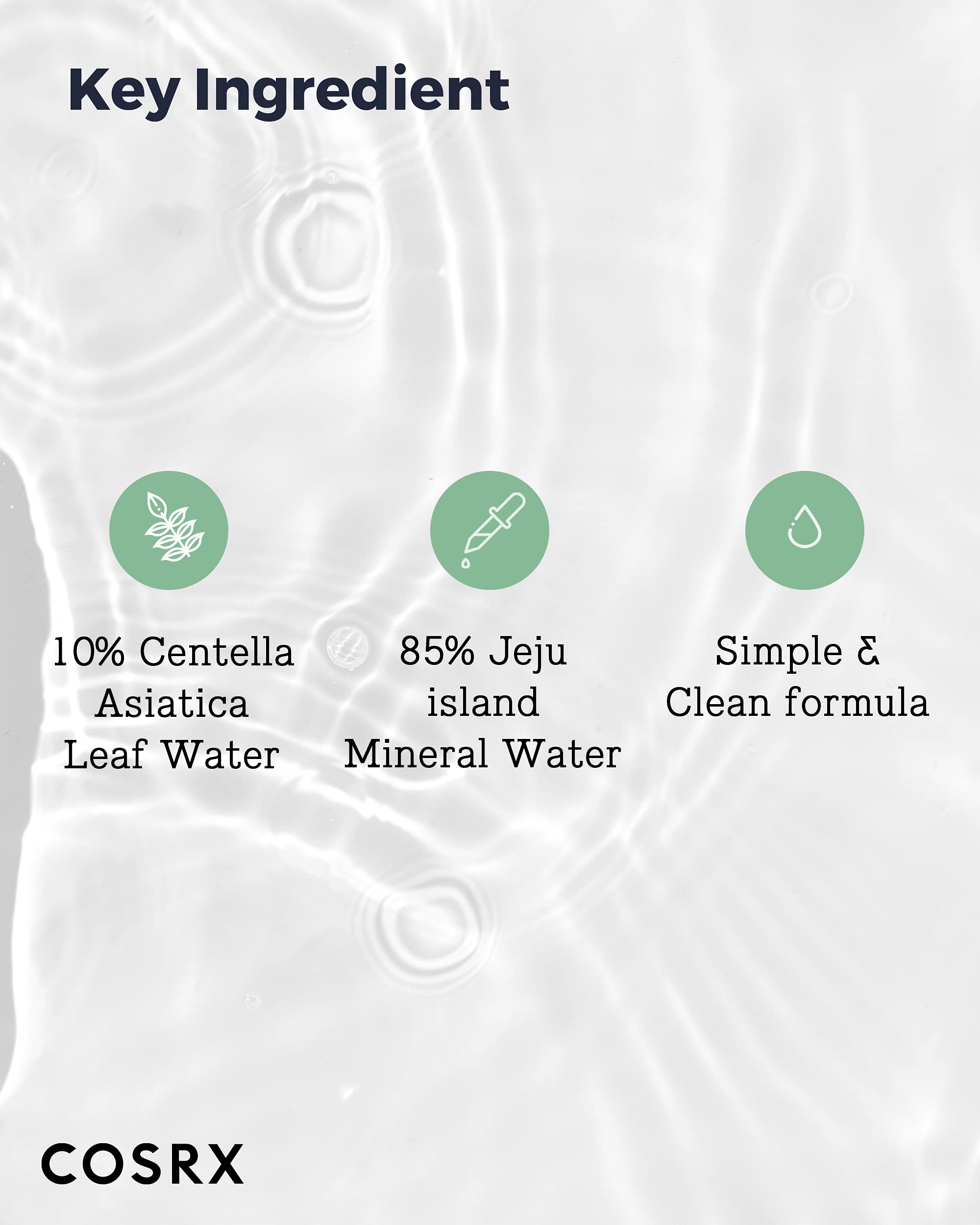 COSRX Centella ingredients close-up highlights calming Centella Asiatica in a refreshing formula.