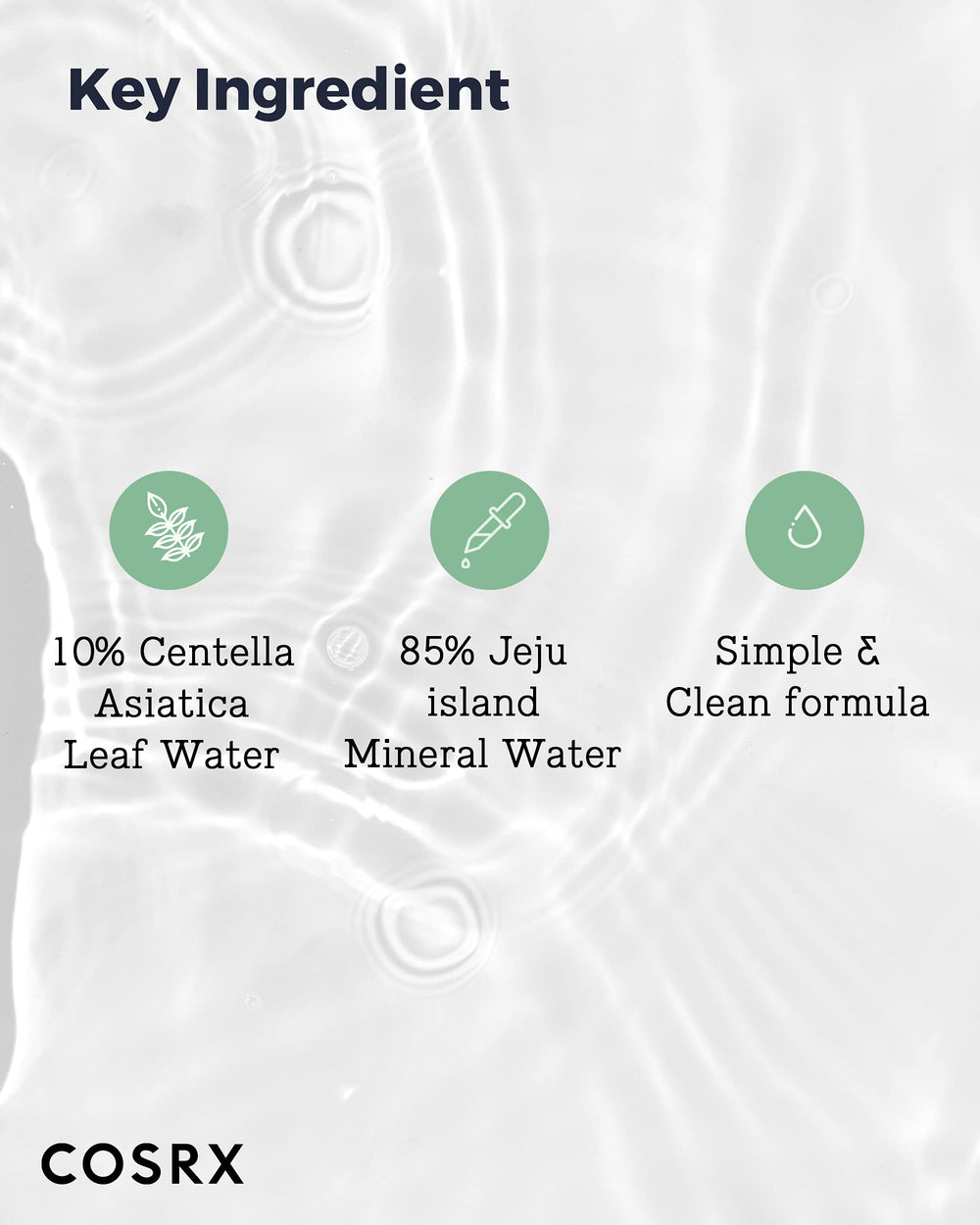 COSRX Centella ingredients close-up highlights calming Centella Asiatica in a refreshing formula.