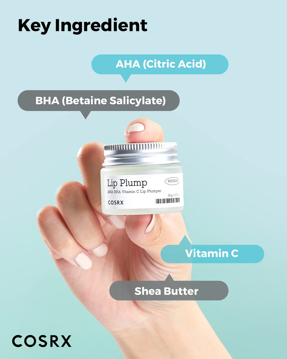 Highlighting AHA, BHA, and Vitamin C in COSRX Lip Care Balm.