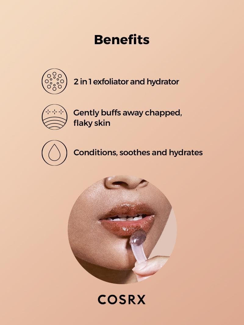 COSRX lip scrub ingredients highlight shea butter for long-lasting lip hydration.