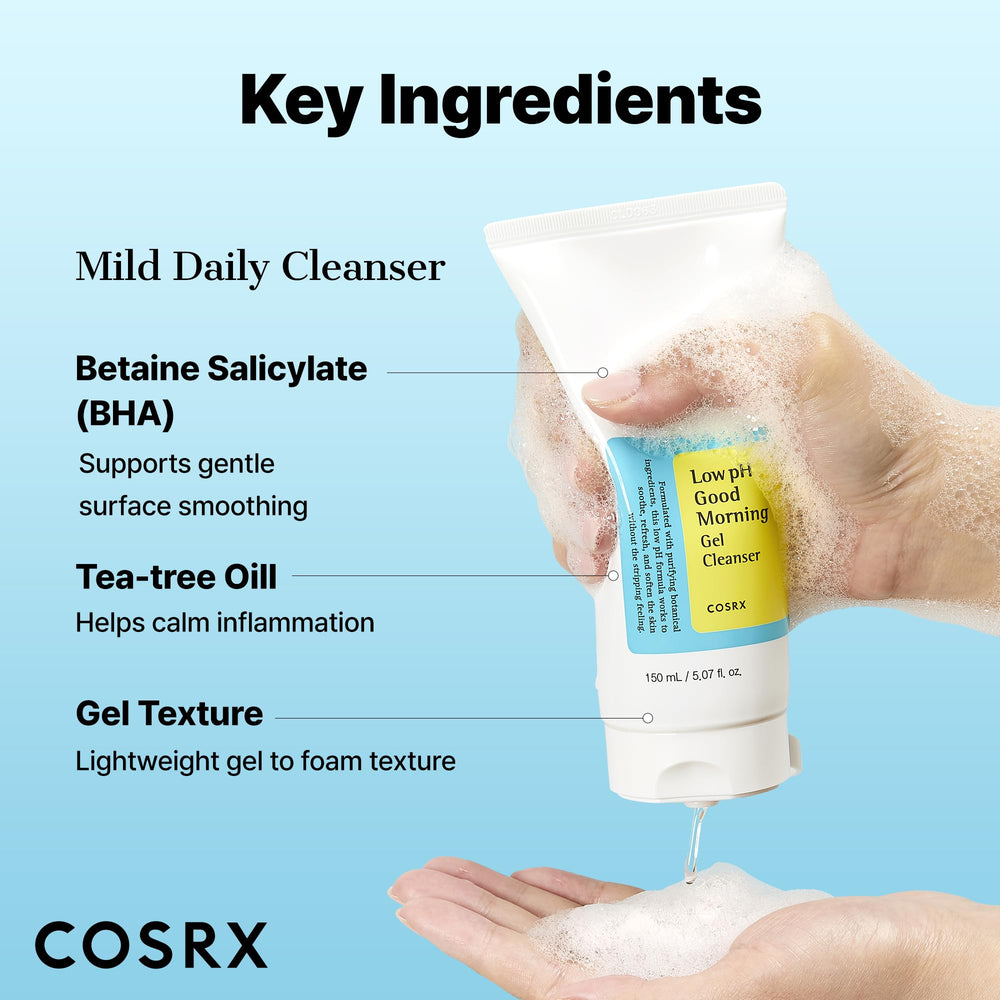 COSRX bottle with barrier icon, illustrating skin barrier support through balanced cleansing.