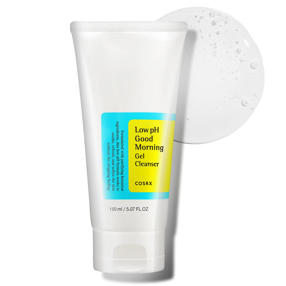 COSRX Low pH Good Morning Gel Cleanser bottle closeup, highlighting a gentle daily cleanse for sensitive skin.