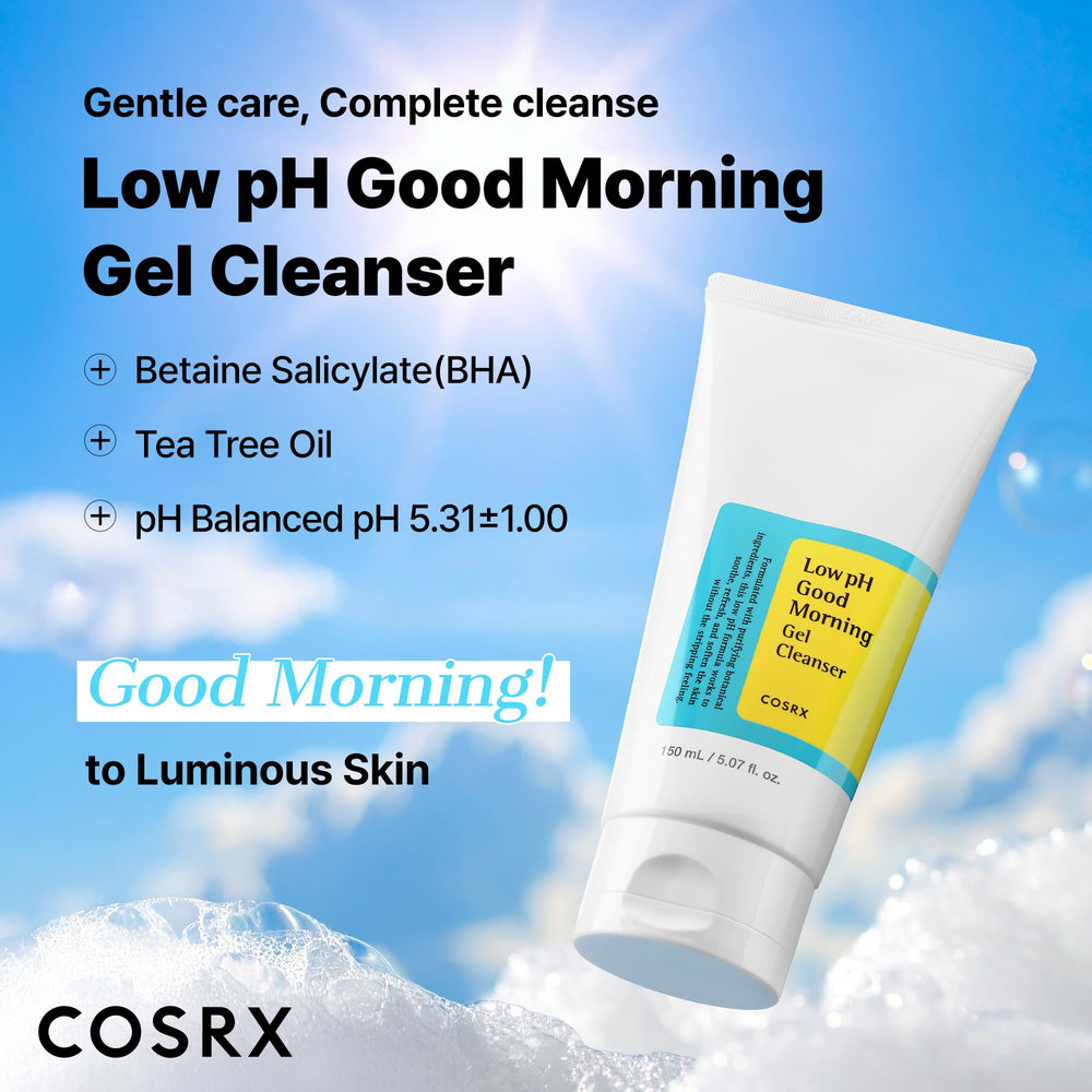 COSRX Low pH Good Morning Gel Cleanser gel texture closeup, showing mild, non-stripping cleansing.