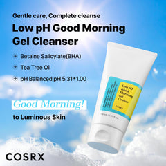COSRX Low pH Good Morning Gel Cleanser gel texture closeup, showing mild, non-stripping cleansing.