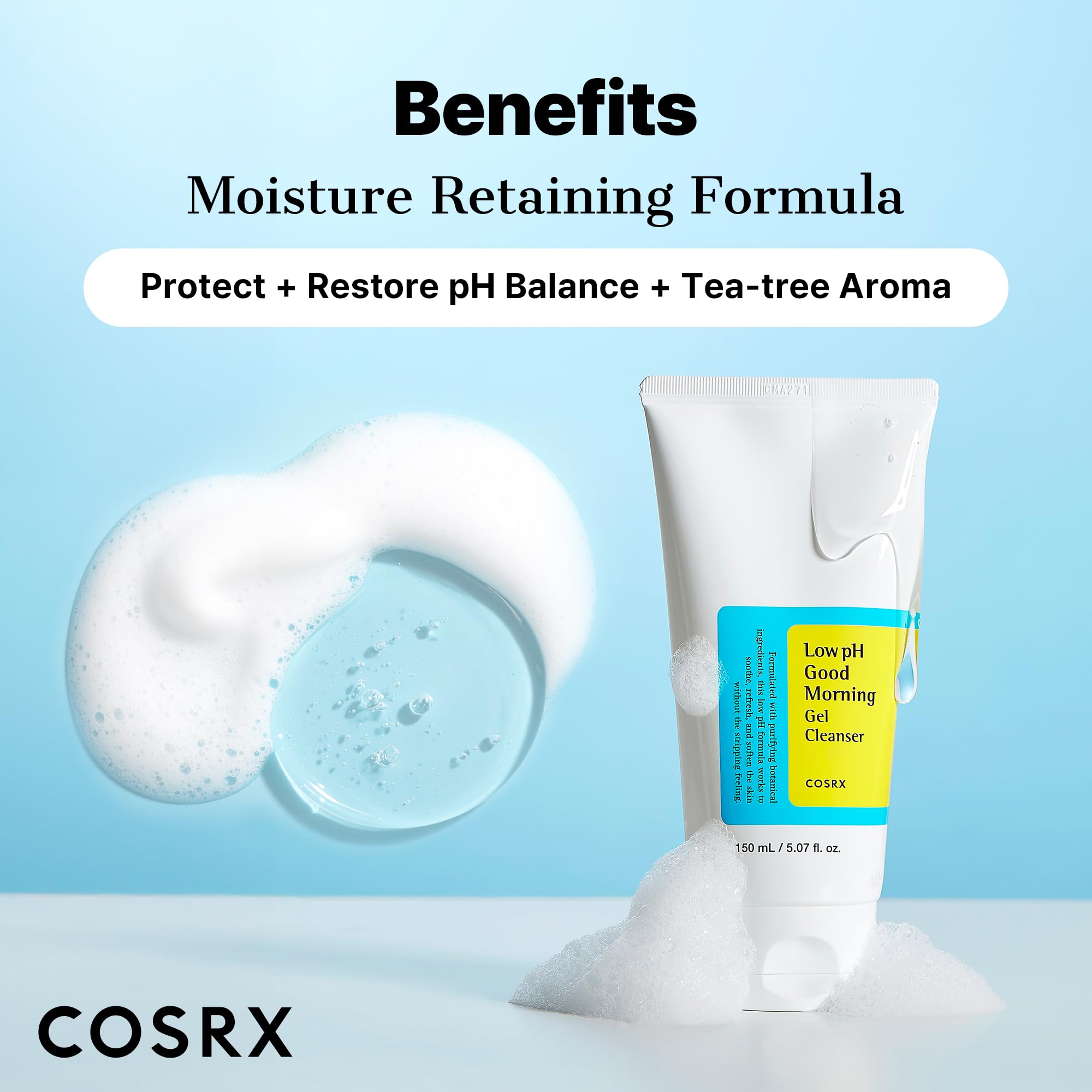 COSRX low pH graphic on bottle, illustrating pH-balanced formula for calm skin.