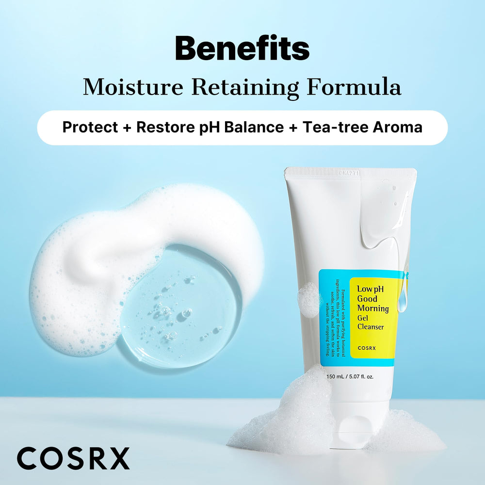 COSRX low pH graphic on bottle, illustrating pH-balanced formula for calm skin.