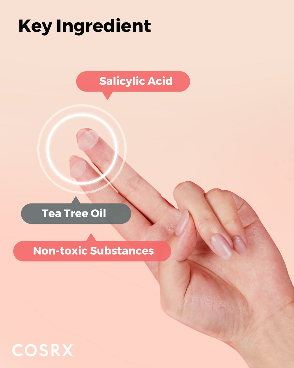 COSRX Master Patch Intensive tea-tree oil bottle visual emphasizes soothing, potential cleansing support.