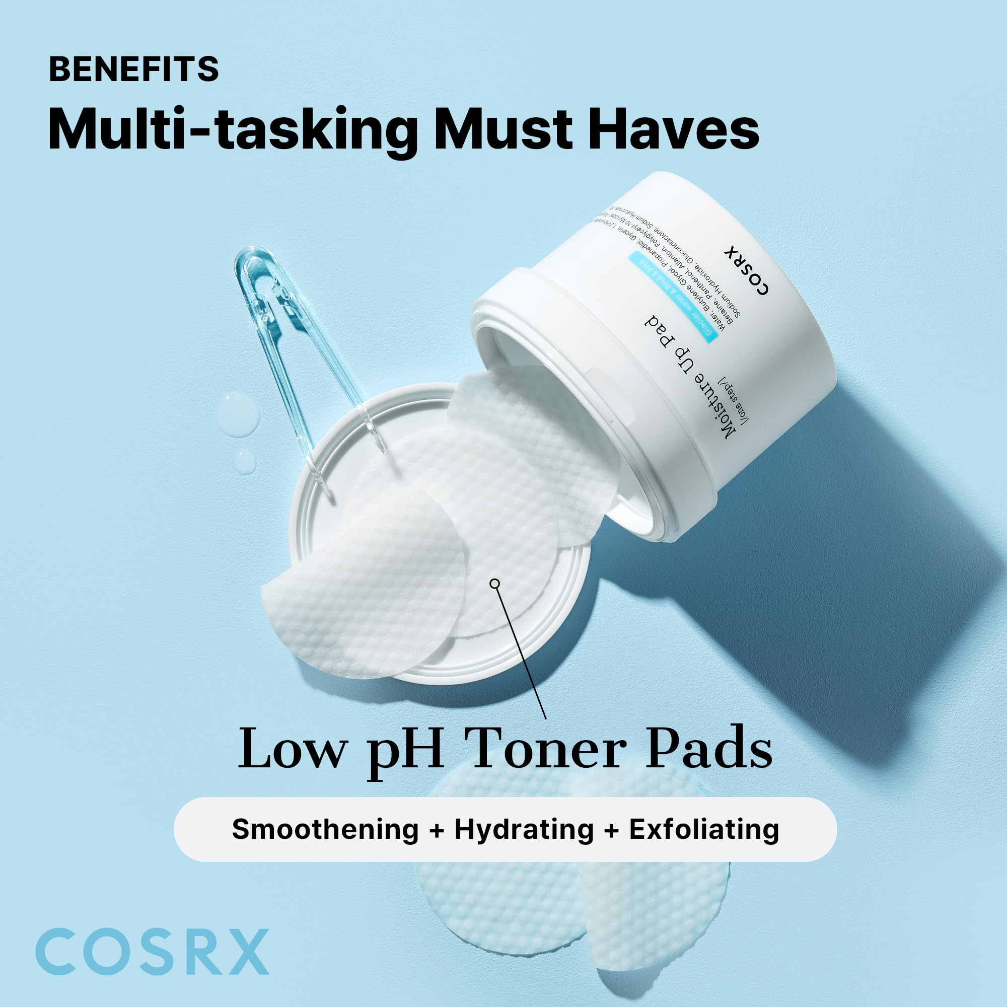 COSRX Moisture Up Pads featuring Alaska Glacier Water for refreshing hydration.