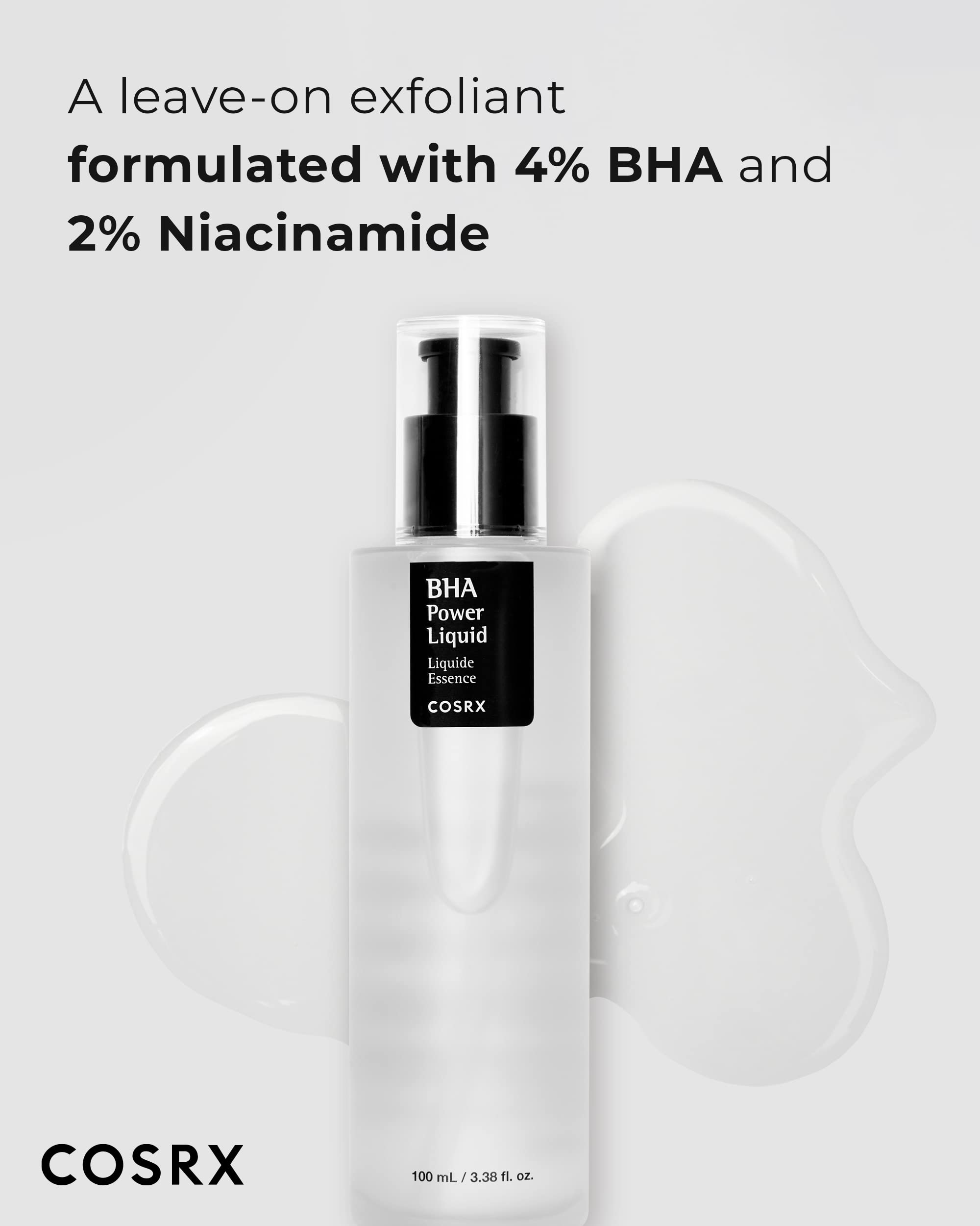COSRX Niacinamide 2% + BHA 4% toner label detail highlights key ingredients.