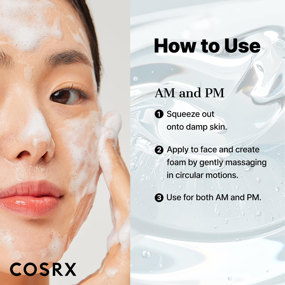 COSRX night routine imagery with gel cleanser, representing non-stripping night cleansing.