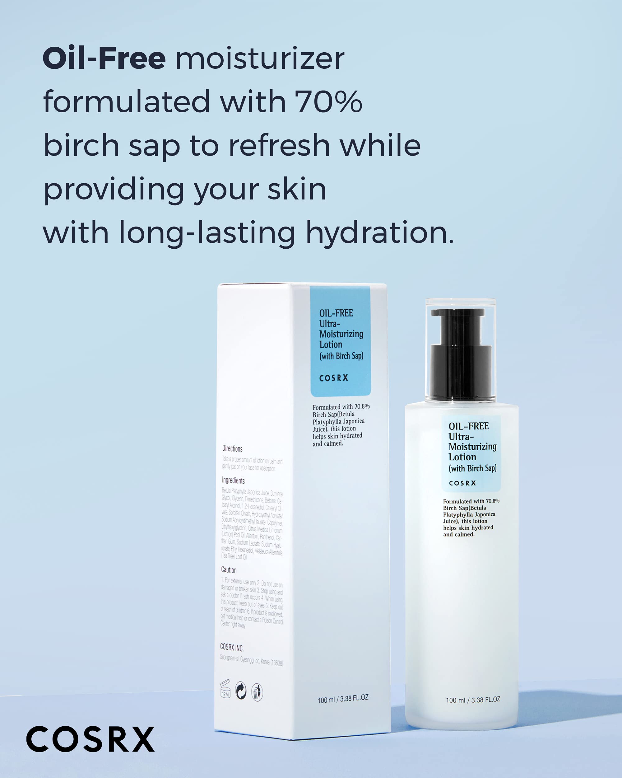 COSRX Oil Free Lotion birch sap ingredient panel emphasizes 70% willow bark water