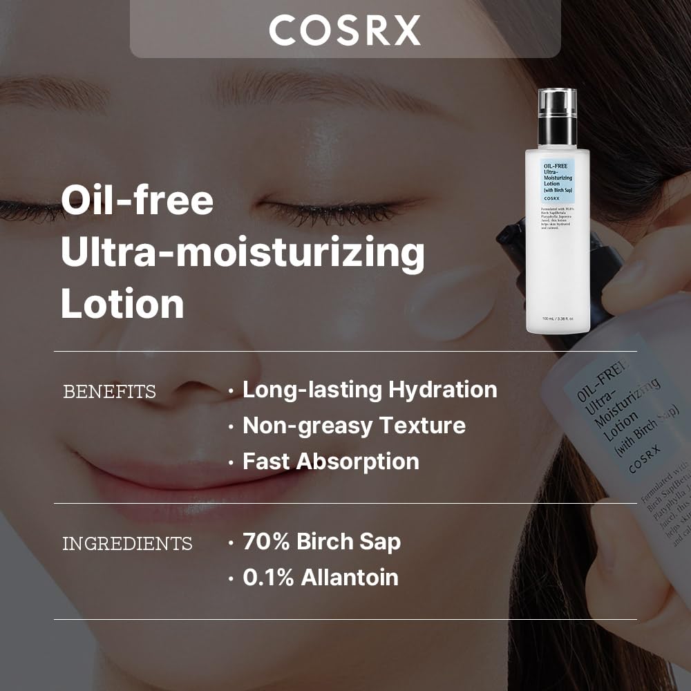 COSRX Oil Free Lotion label highlights Birch Sap for balanced moisture