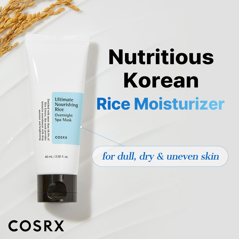 COSRX night routine close-up shows mask being smoothed into skin.