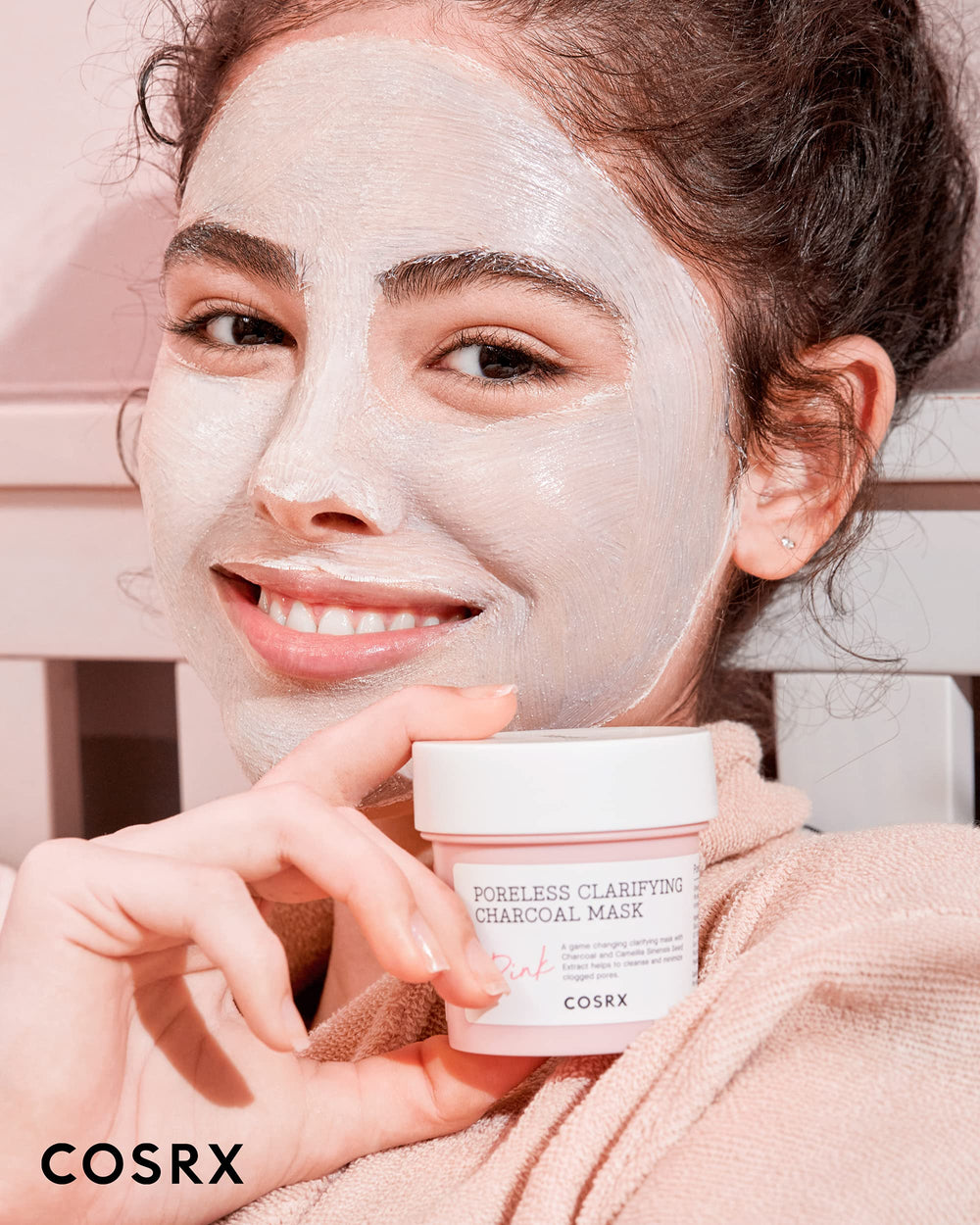 COSRX pink-charcoal-mask-color-change-pink-gray-white demonstrates color-changing therapy.