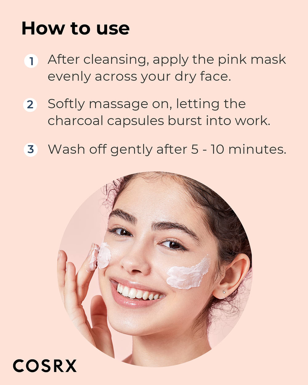COSRX pink-charcoal-mask-wash-off-action suggests easy removal.