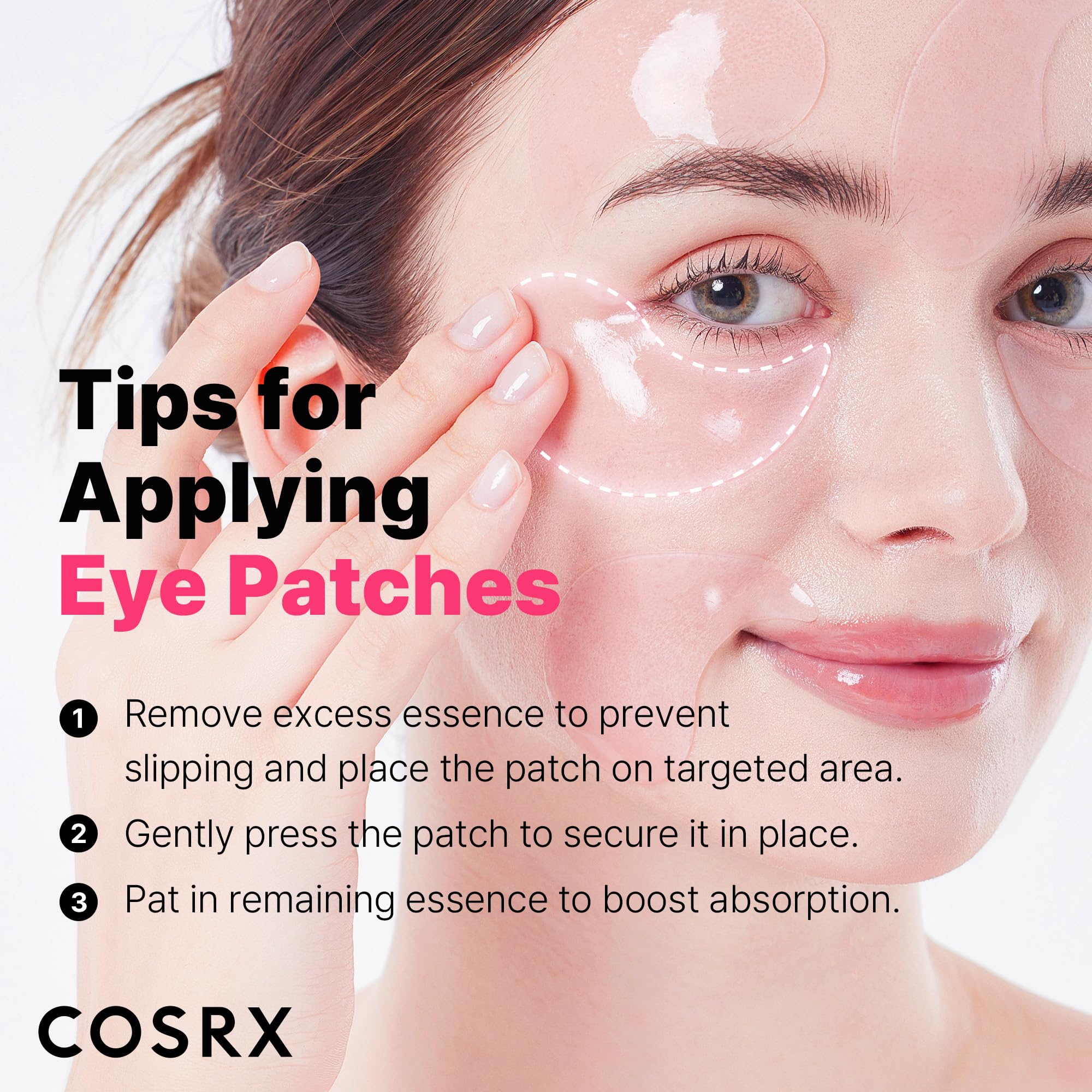 Close-up of COSRX Pink Peptides Eye Patch hydrogel texture on skin.