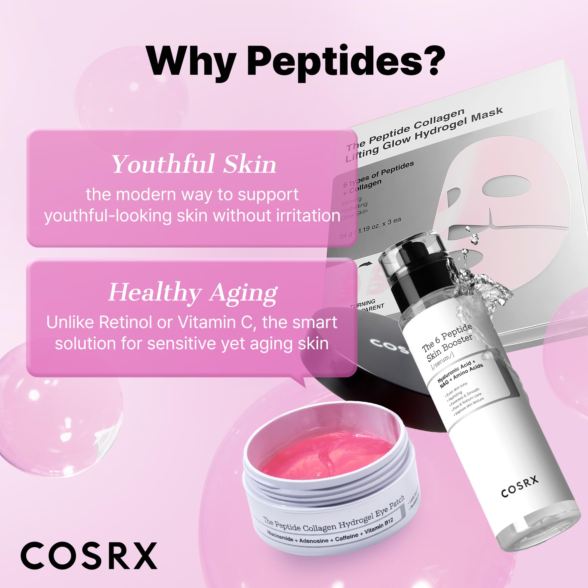 Hydration boost from COSRX patches with peptides and hyaluronic acid.