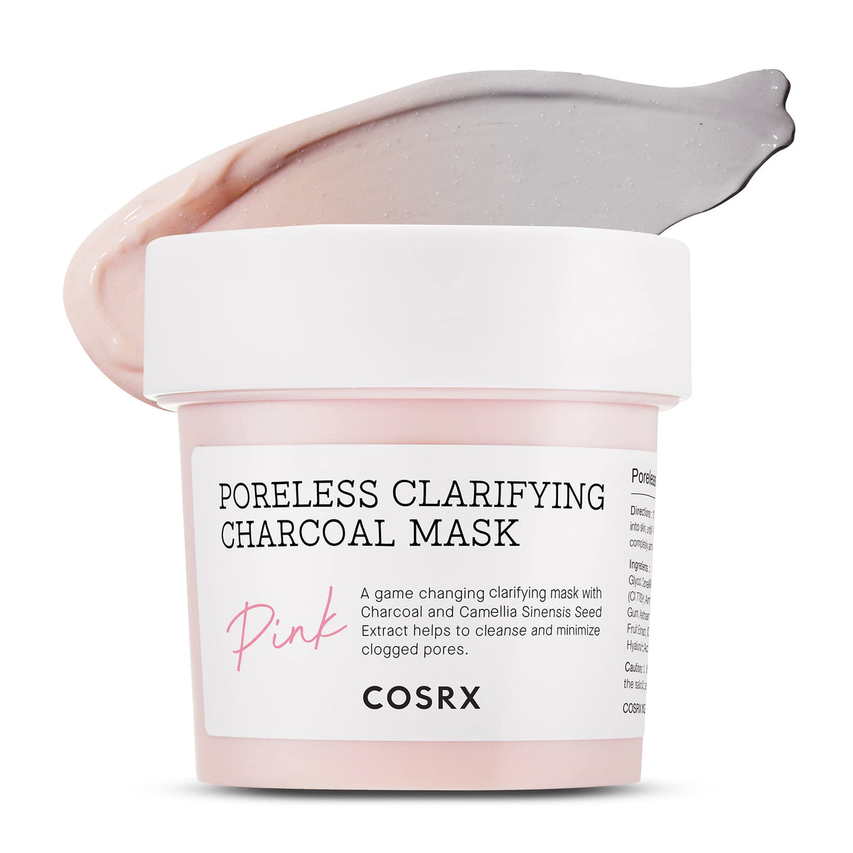 COSRX pink-pore-clarifying-charcoal-mask-jar-closeup highlights purifying clay texture.