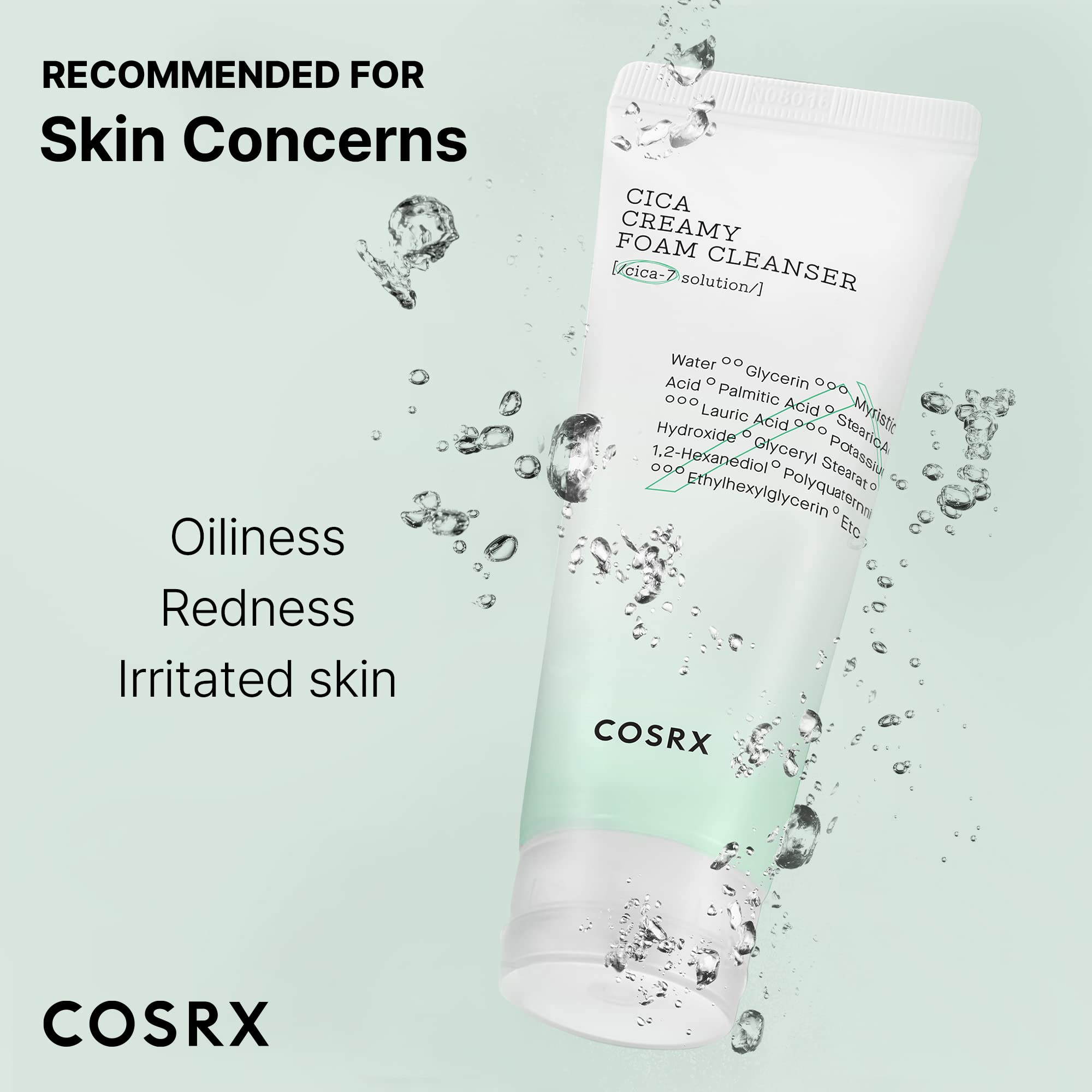 COSRX Pure Fit Cica Creamy Foam Cleanser bottle on sink conveys minimal, fragrance-free care