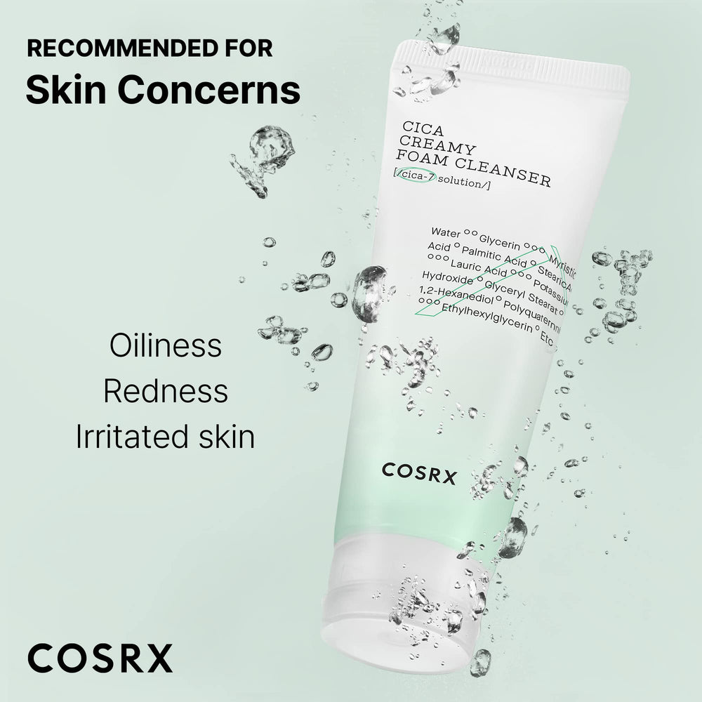 COSRX Pure Fit Cica Creamy Foam Cleanser bottle on sink conveys minimal, fragrance-free care