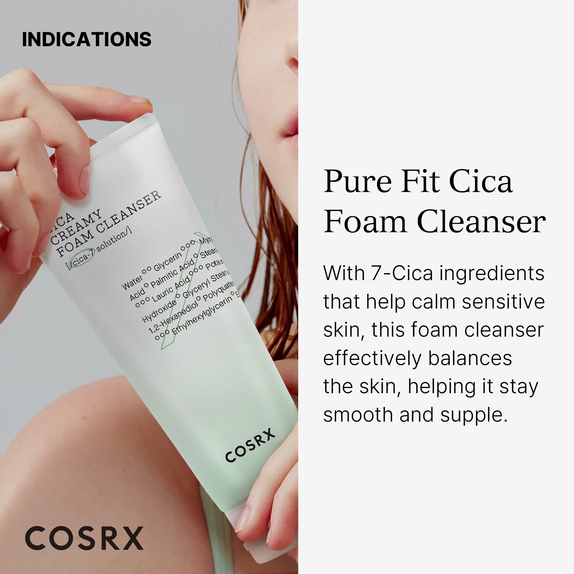 COSRX Pure Fit Cica Creamy Foam Cleanser foam lather demonstrates gentle cleansing for sensitive skin