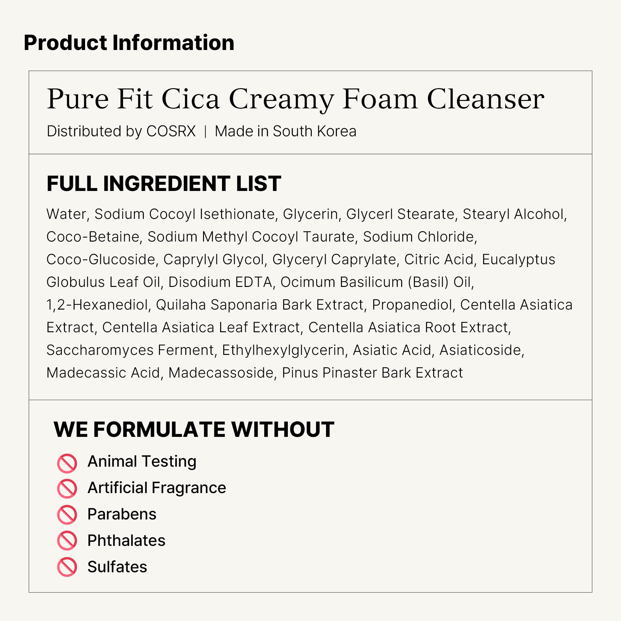 COSRX Pure Fit Cica Creamy Foam Cleanser packaging detail emphasizes clean, fragrance-free formulation