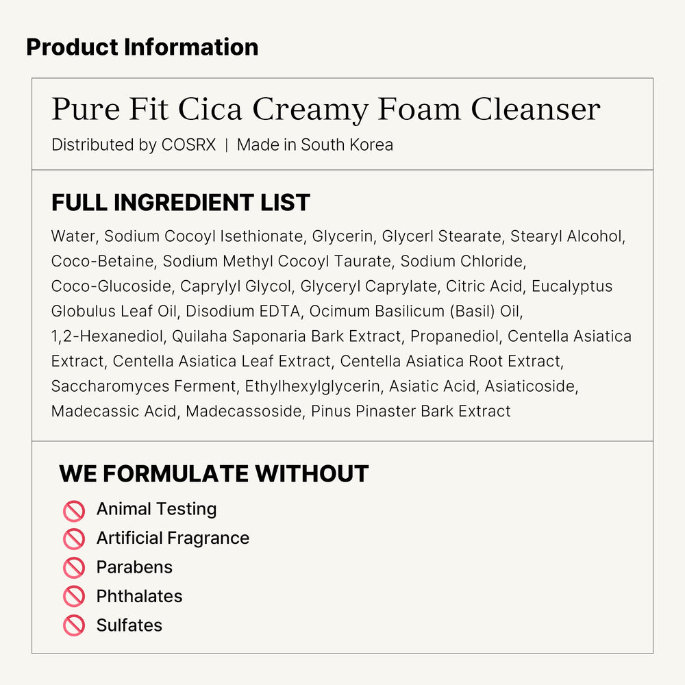 COSRX Pure Fit Cica Creamy Foam Cleanser packaging detail emphasizes clean, fragrance-free formulation