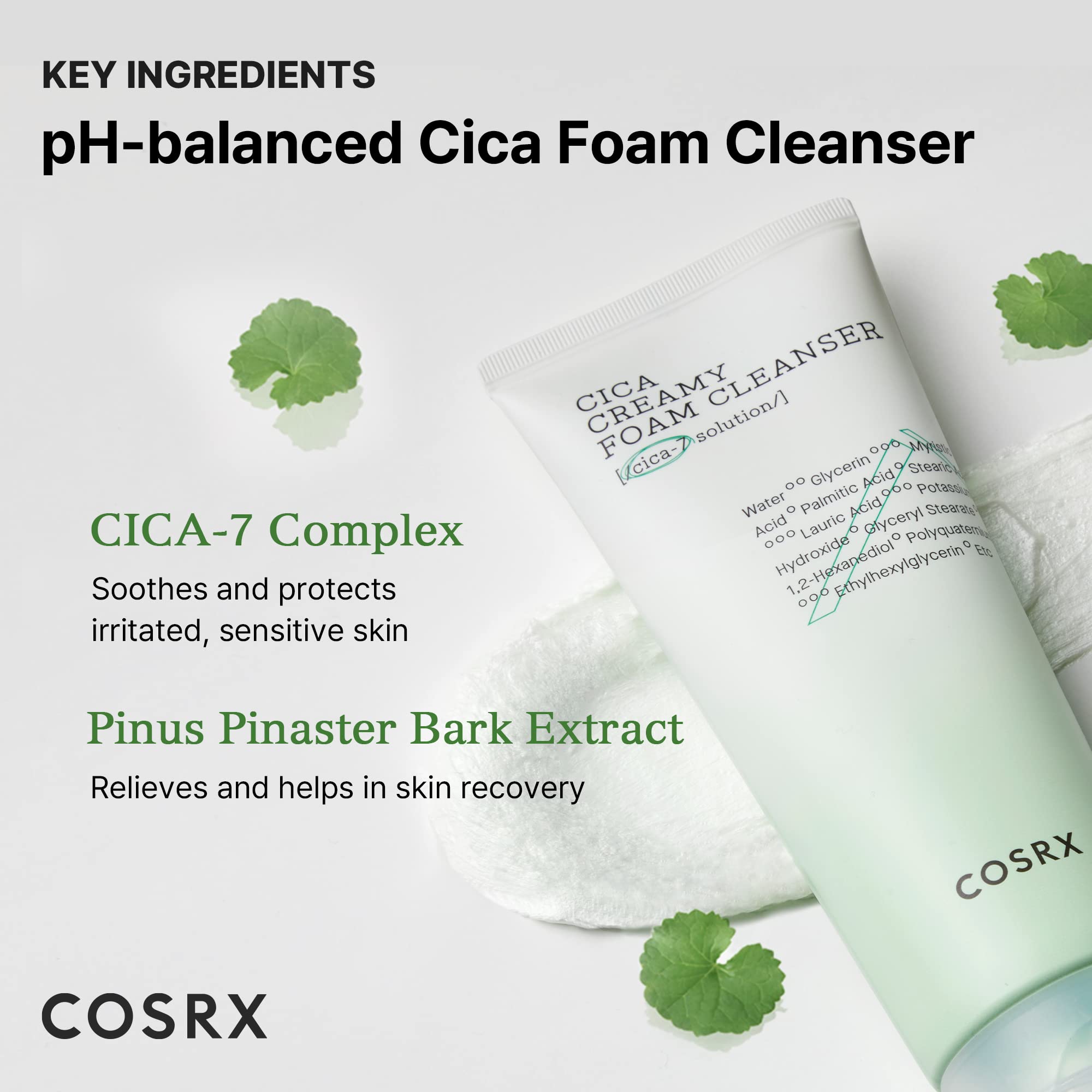 COSRX Pure Fit Cica Creamy Foam Cleanser skin closeup shows creamy foam and gentle bubbles