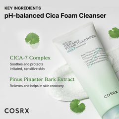 COSRX Pure Fit Cica Creamy Foam Cleanser skin closeup shows creamy foam and gentle bubbles