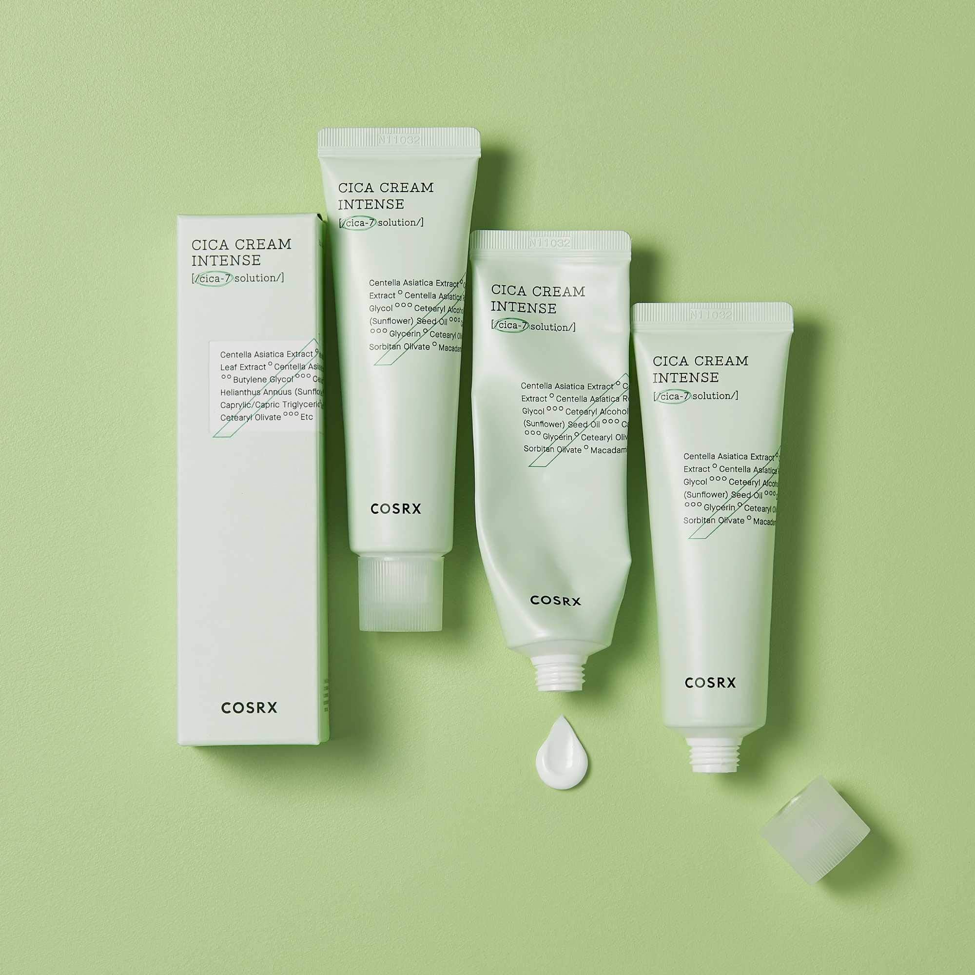 COSRX Pure Fit Cica Intensive Cream texture close-up shows non-greasy hydration.