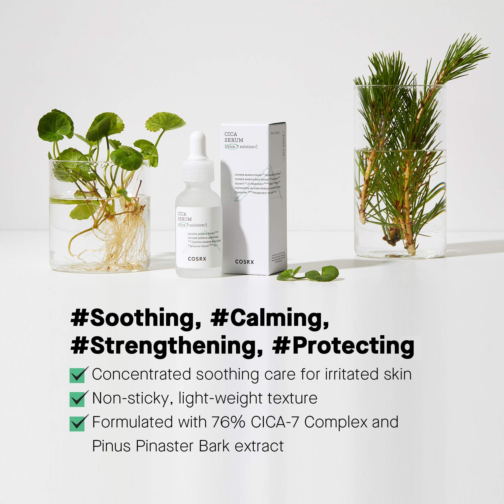 COSRX Pure Fit Cica Serum ingredients closeup, shows 76% CICA-7 Complex for calming skin