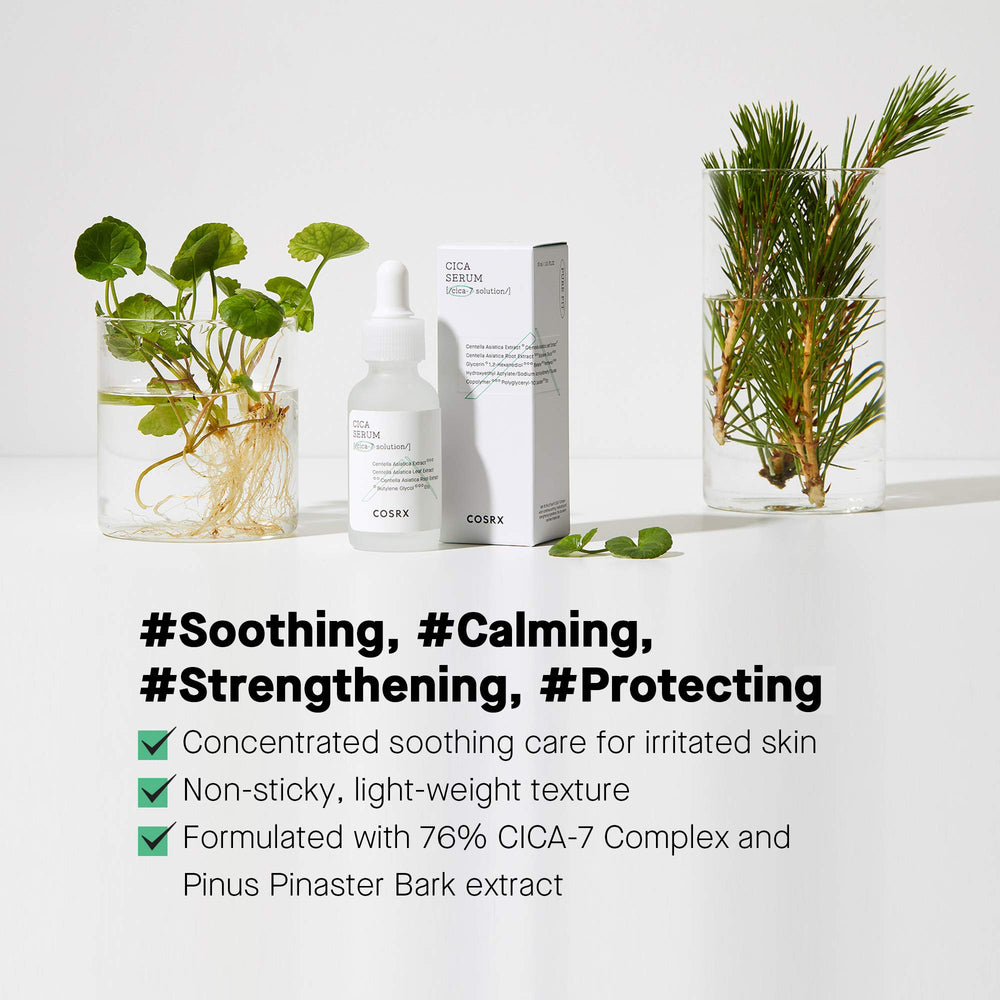 COSRX Pure Fit Cica Serum ingredients closeup, shows 76% CICA-7 Complex for calming skin