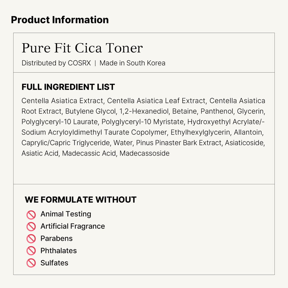 COSRX Pure Fit CICA Toner packaging highlights cruelty-free, skin-friendly brand values