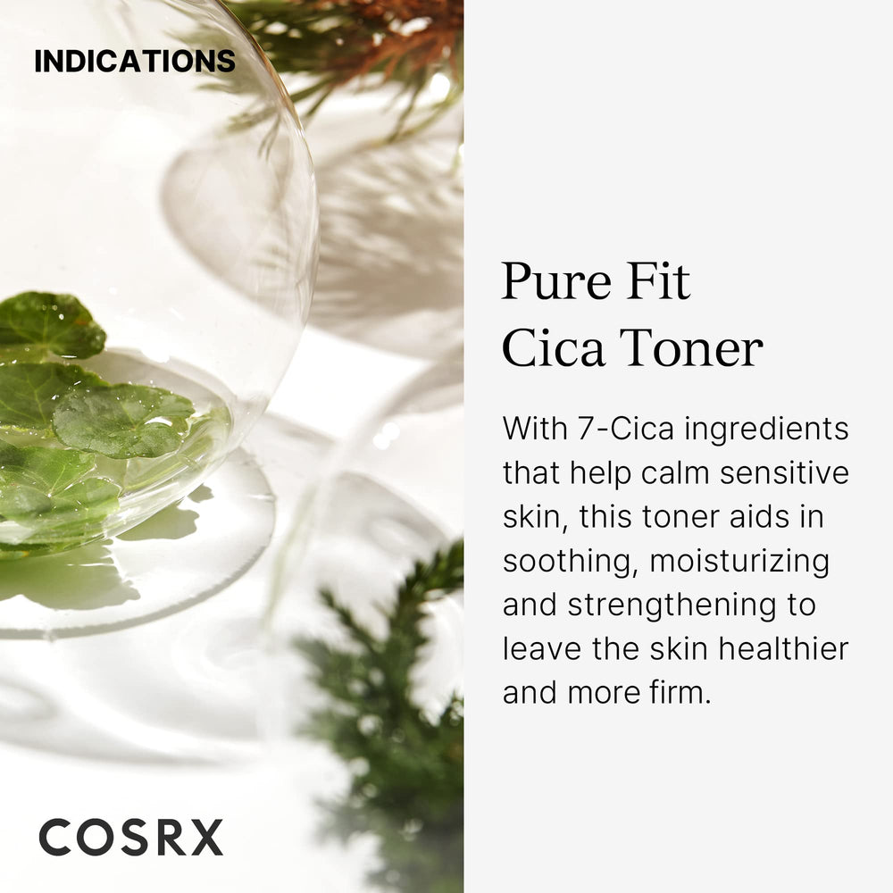 COSRX Pure Fit CICA Toner texture close-up shows mild, watery formula for gentle application