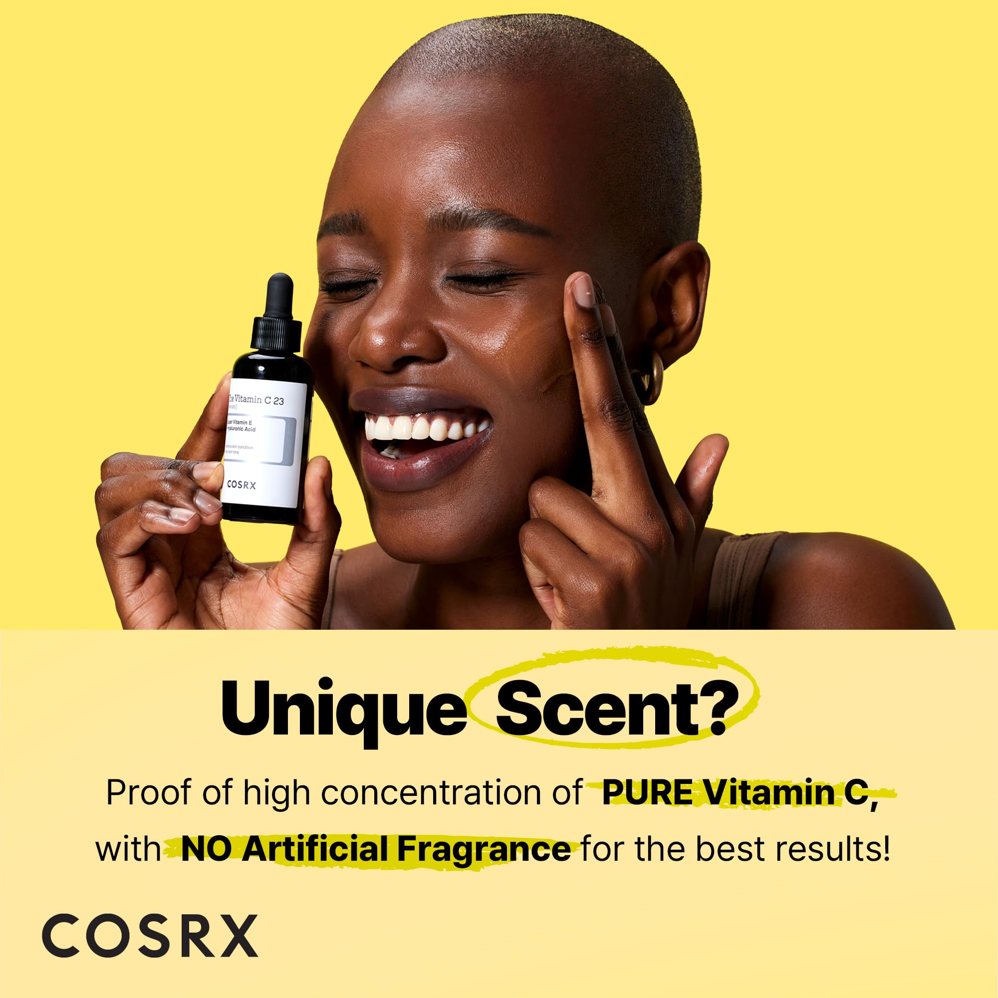 COSRX Pure Vitamin C 23% Serum bottle close-up highlighting radiant, hydrated skin.