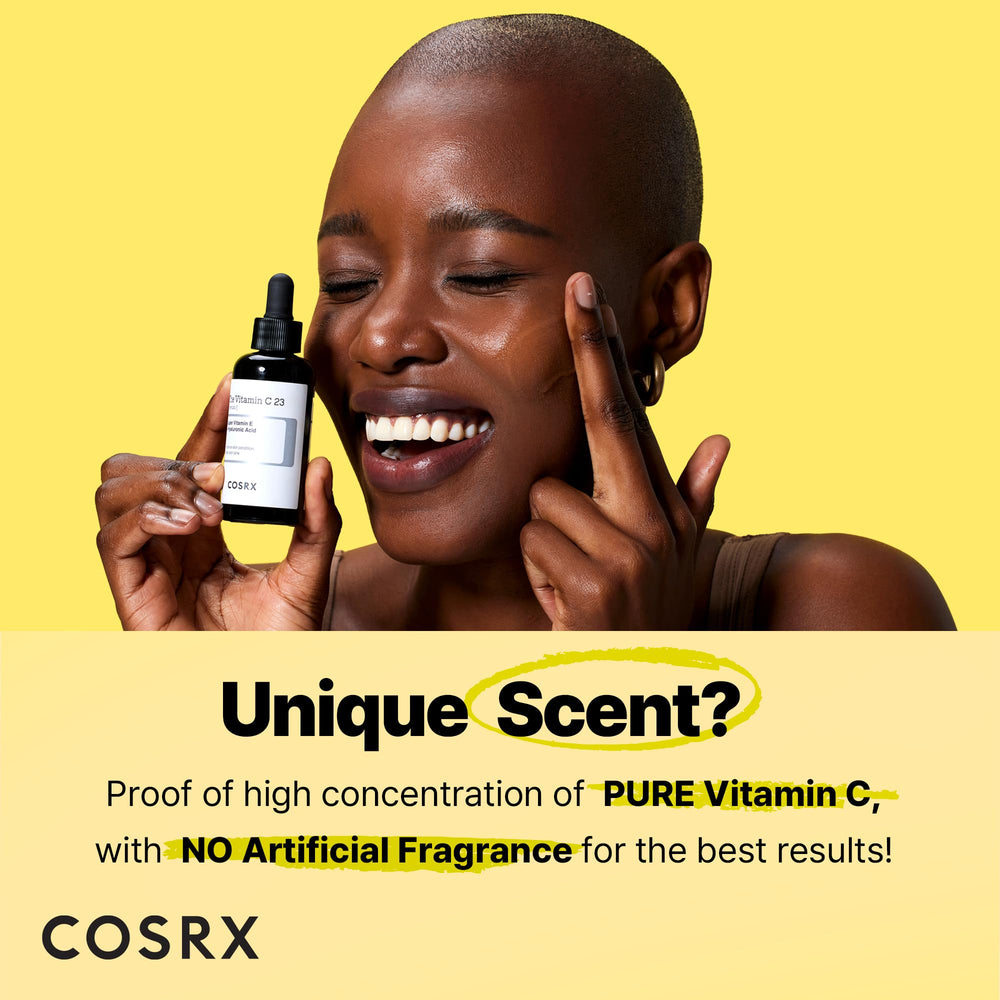COSRX Pure Vitamin C 23% Serum bottle close-up highlighting radiant, hydrated skin.