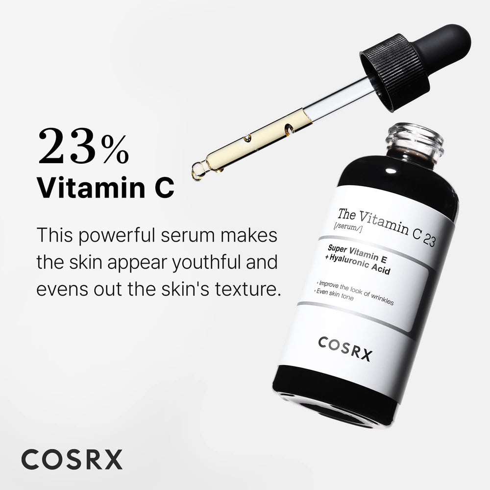 COSRX Pure Vitamin C 23% Serum ingredients panel emphasizing vitamin E and hyaluronic acid.