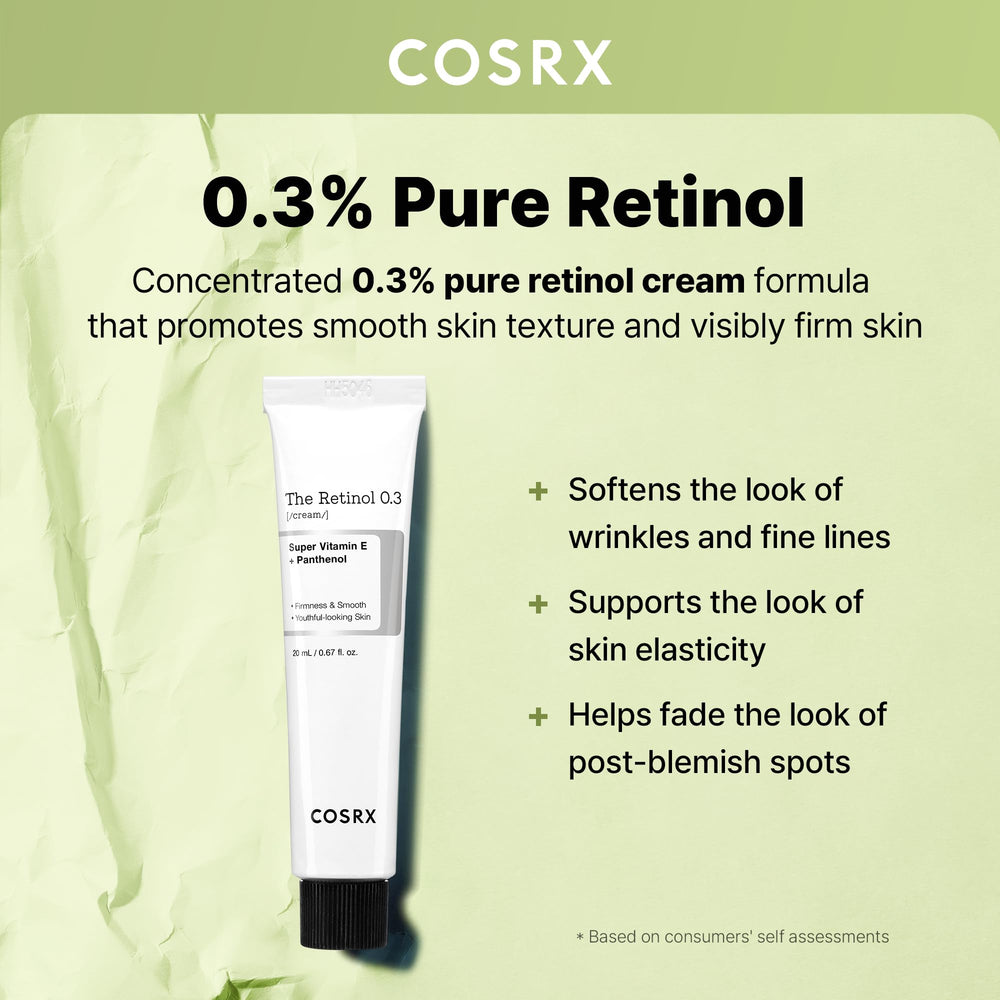 COSRX Retinol 0.3% Cream label close-up, dermatologist-tested daily skincare