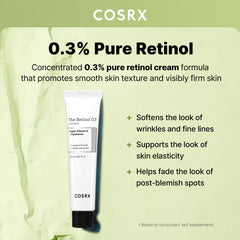 COSRX Retinol 0.3% Cream label close-up, dermatologist-tested daily skincare
