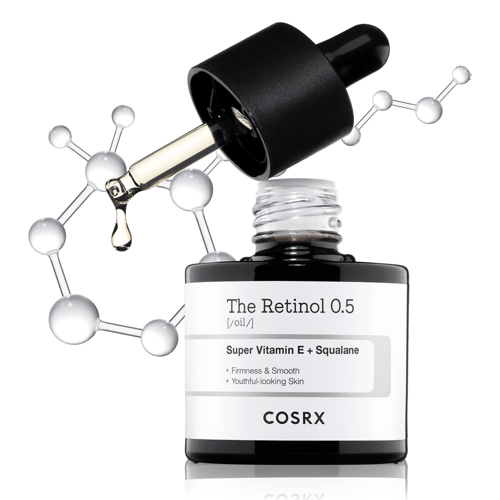 COSRX Retinol 0.5 Oil bottle and dropper for radiant night-time skincare