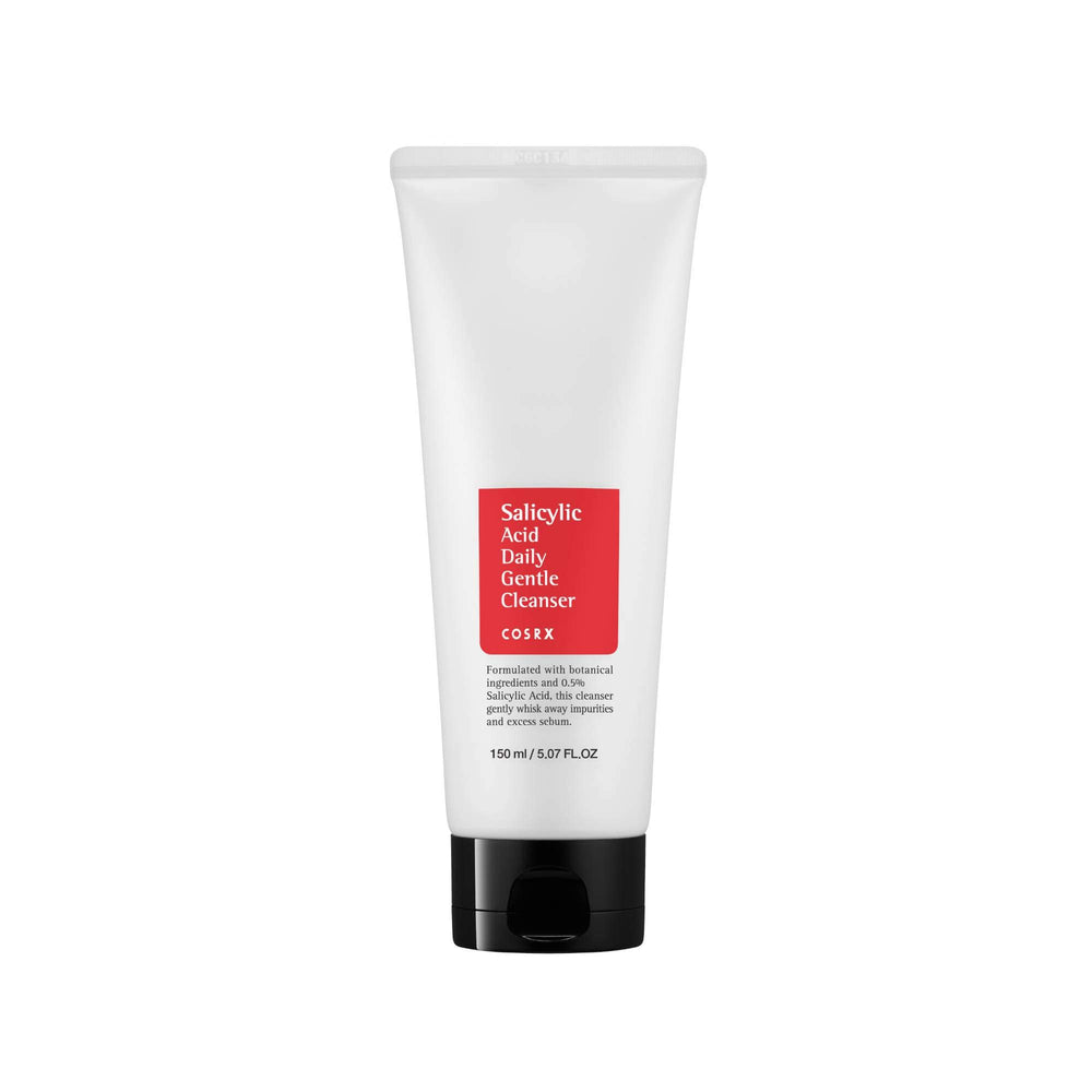 COSRX Salicylic Acid Daily Gentle Cleanser bottle with foamy lather for blemish-prone skin