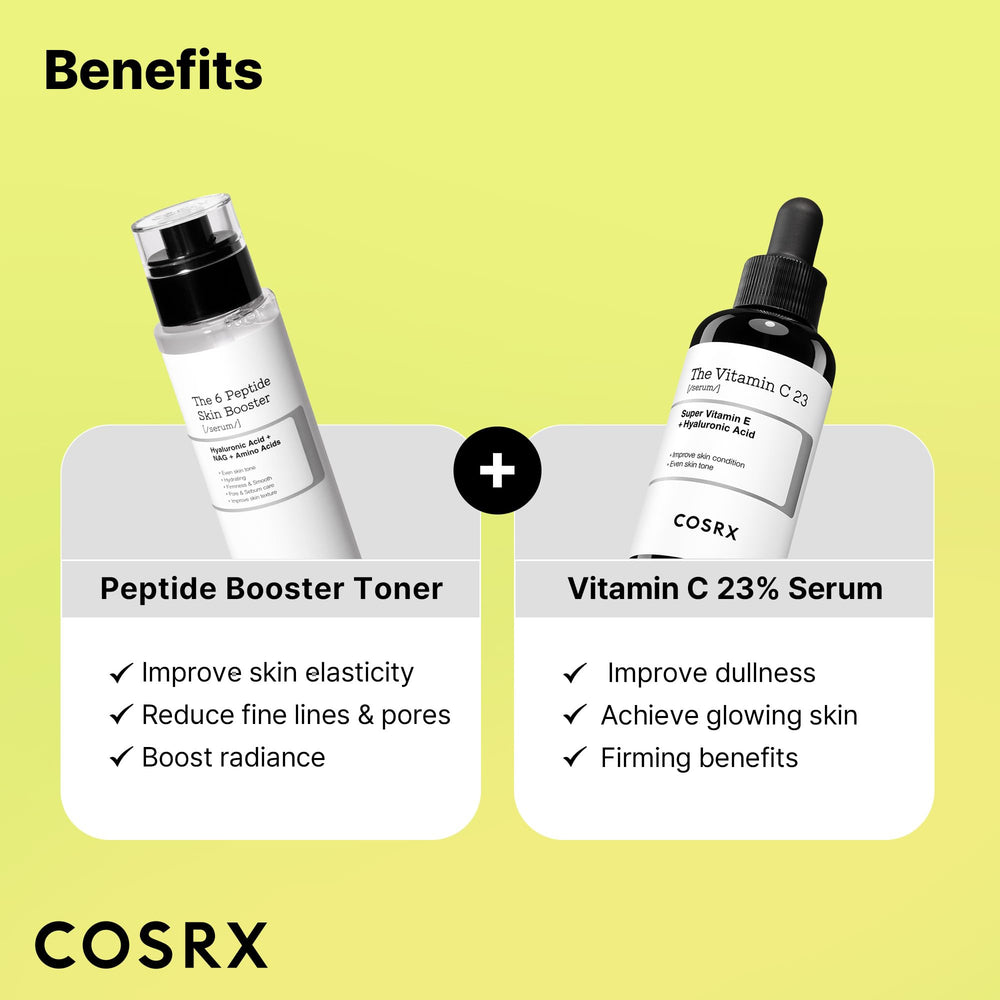 COSRX serum and toner duo shown together for daily brightening and elasticity goals.
