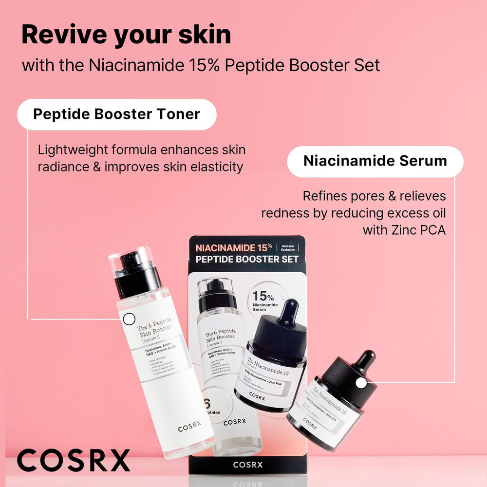 COSRX Skin Boosting Peptide Toner with 6 peptides supports elasticity and radiance.