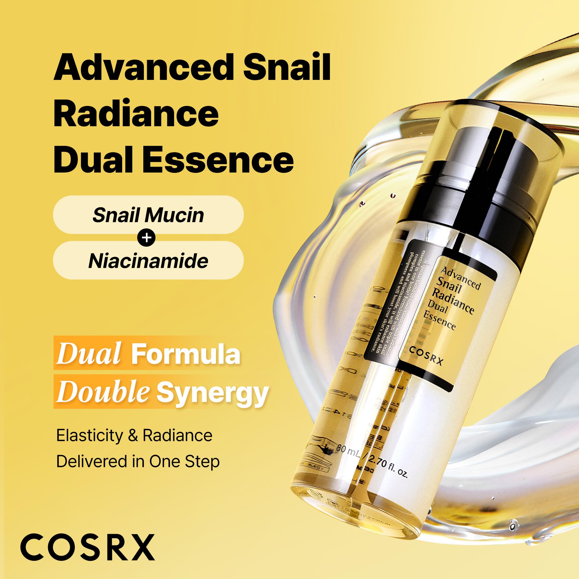 COSRX Snail Mucin 74% Niacinamide essence close-up highlighting radiance