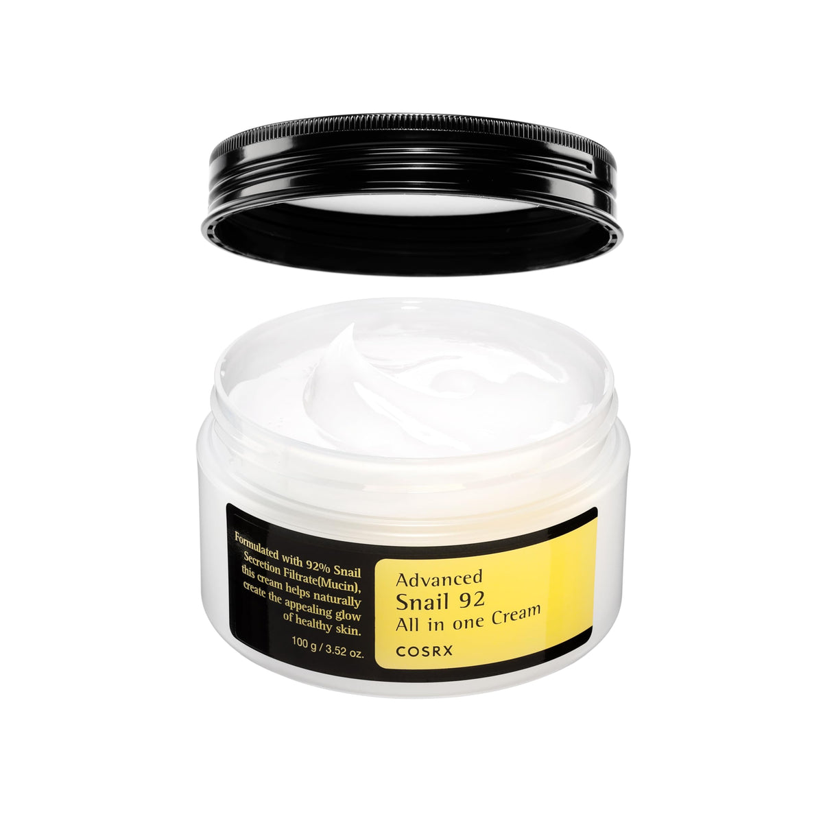COSRX Snail Mucin 92% moisturizer jar showing lightweight gel cream for daily hydration.