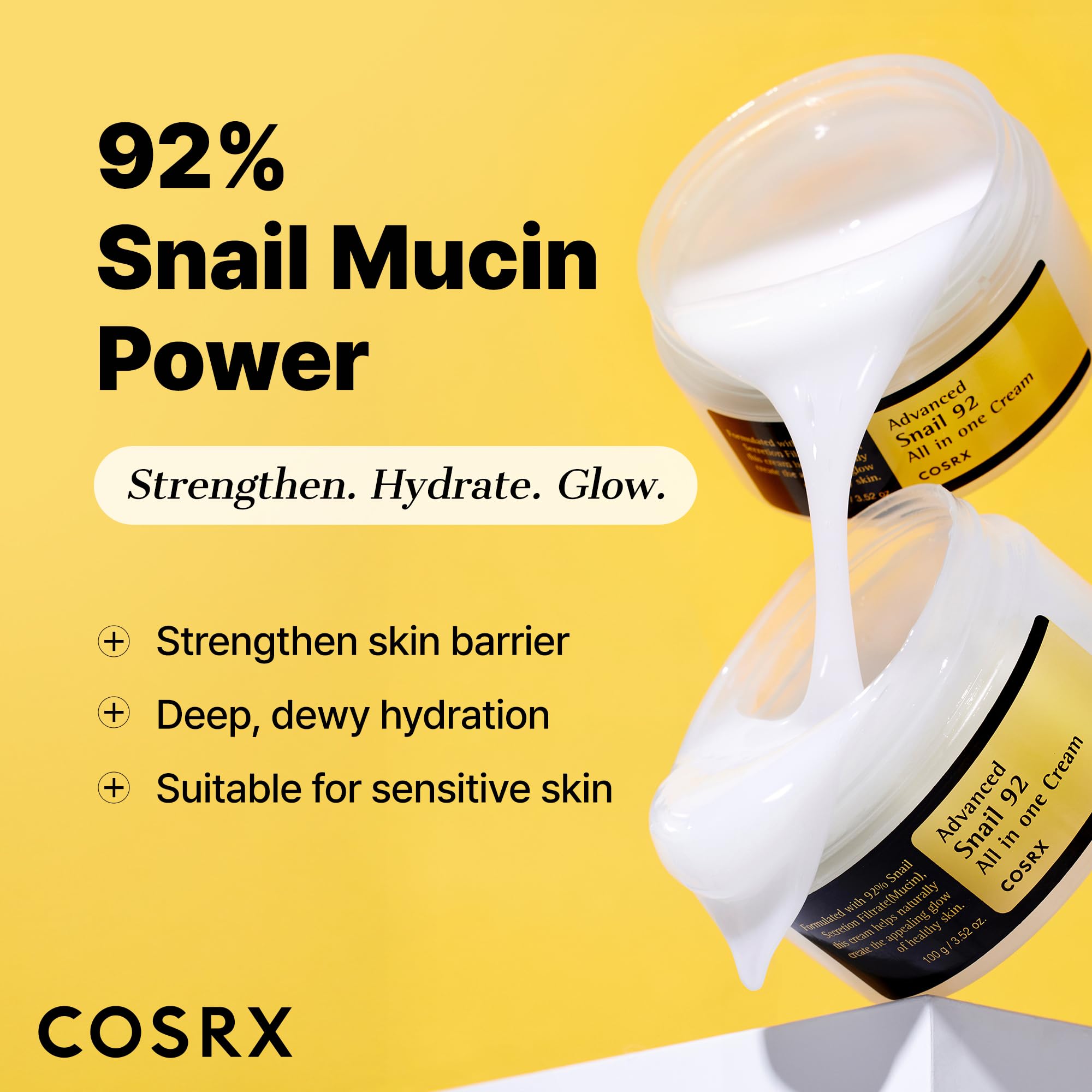 COSRX Snail Mucin 92% gel-texture close-up highlighting smooth, non-sticky application.