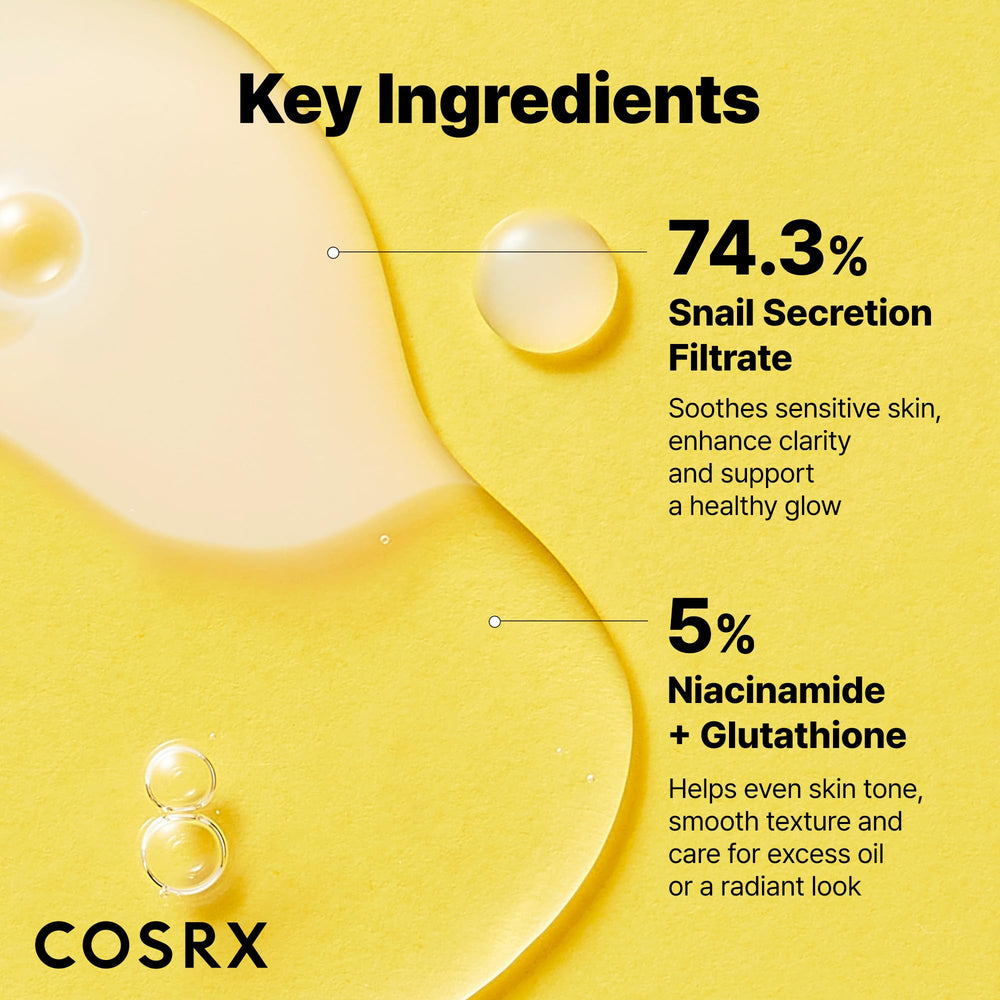 COSRX Snail Mucin bottle on bathroom shelf conveying lightweight hydration and care